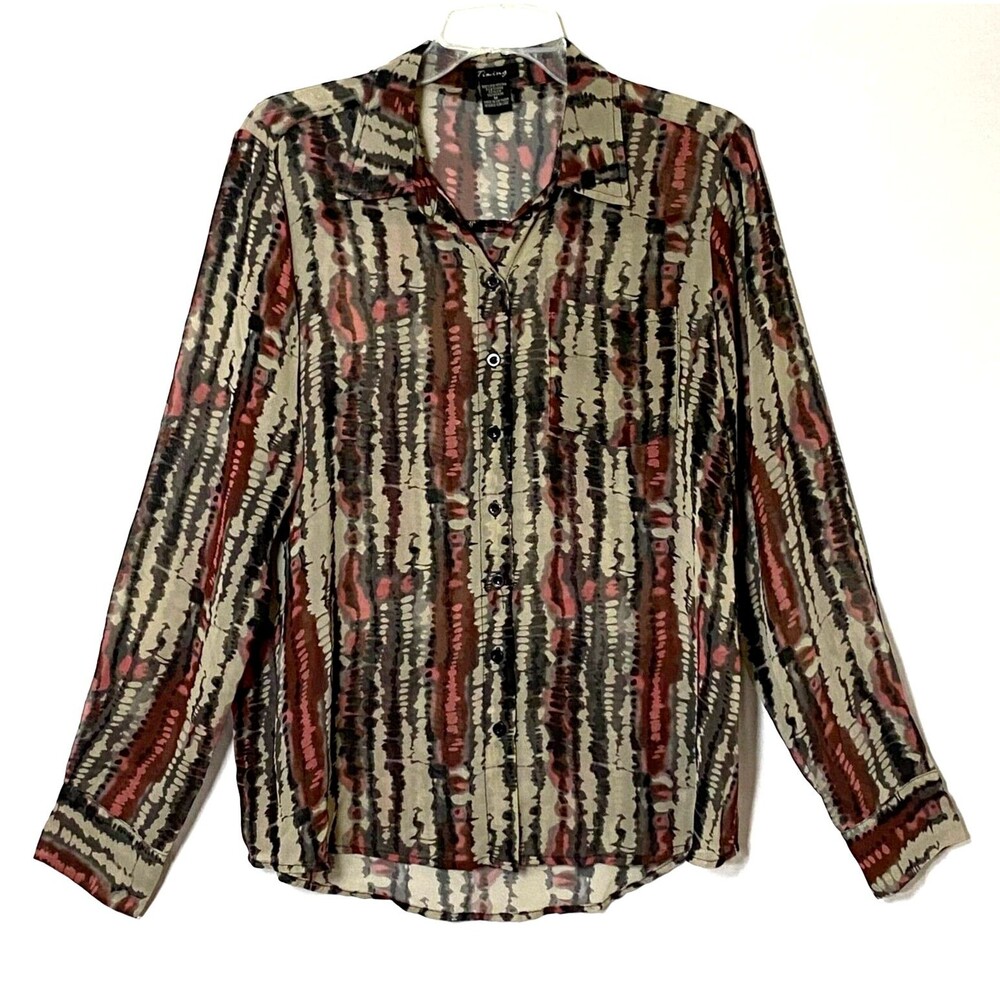 Timing Semi Sheer Watercolor Blouse Womens Medium Multicolor Button Down Pocket